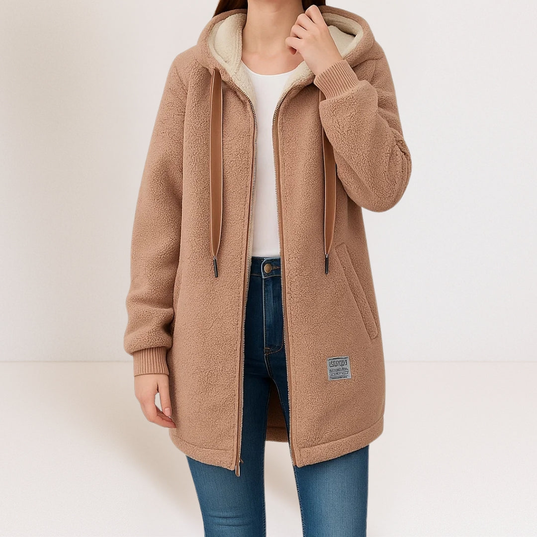 Women's hooded zip up fleece jacket in brown