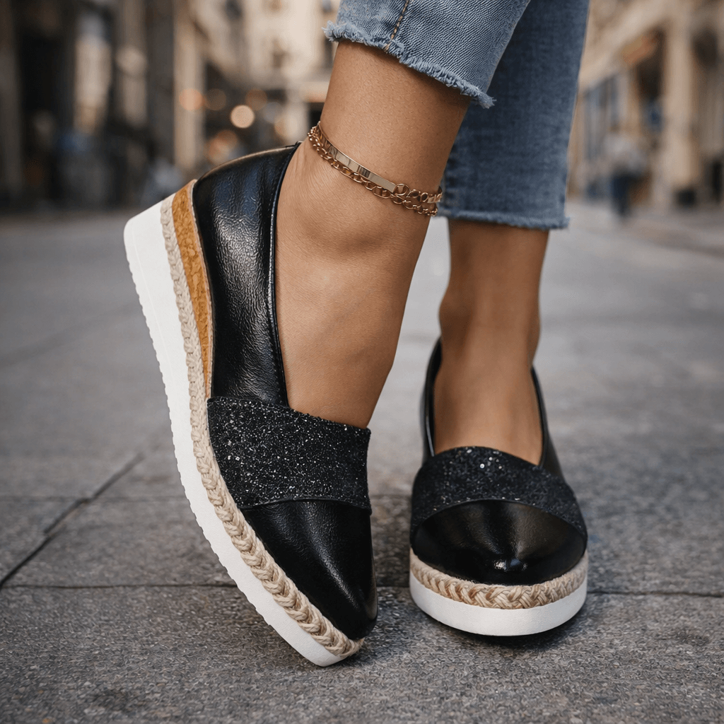 Women's glitter wedge slip on shoes easy on and off in black