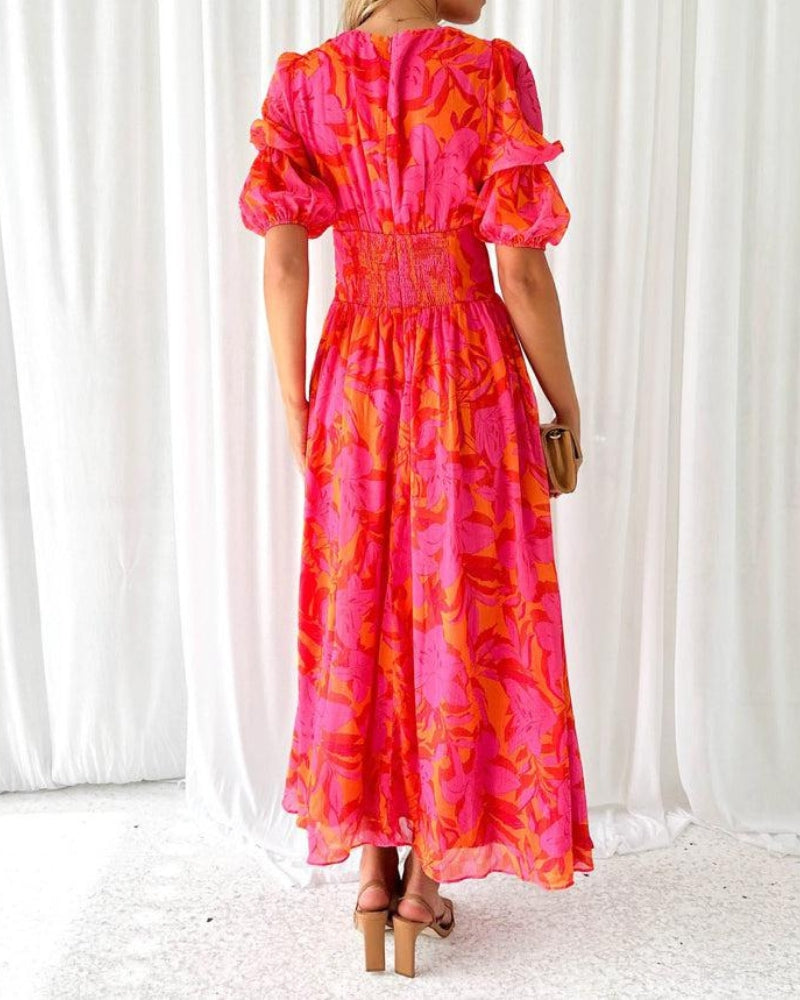Floral Print Maxi Dress with Puff Sleeves