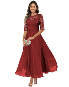 Elegant A-Line evening dress featuring lace detailing and flowing chiffon, designed with stylish 3/4 sleeves for a sophisticated look. 0