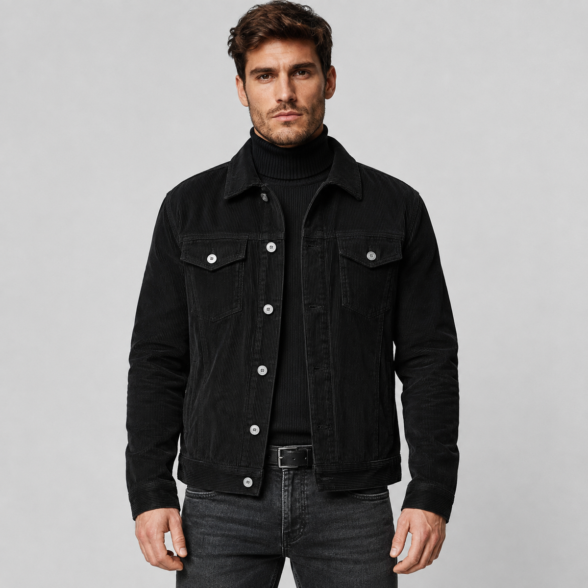 Corduroy button-up shirt jacket in black