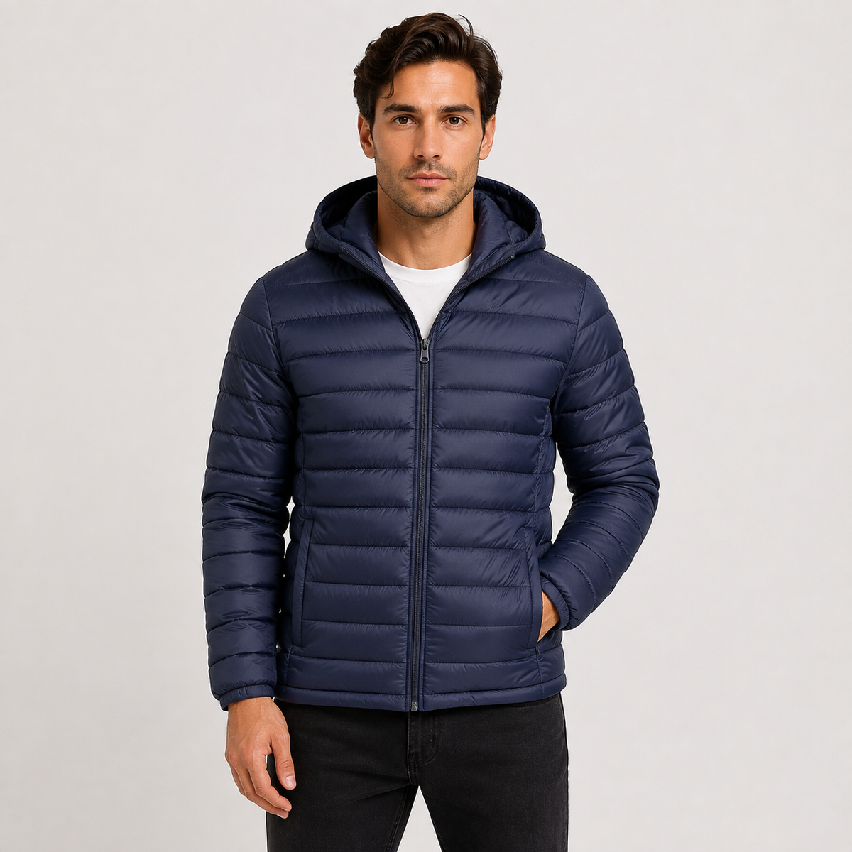 Quilted hooded full-zip jacket in navy blue