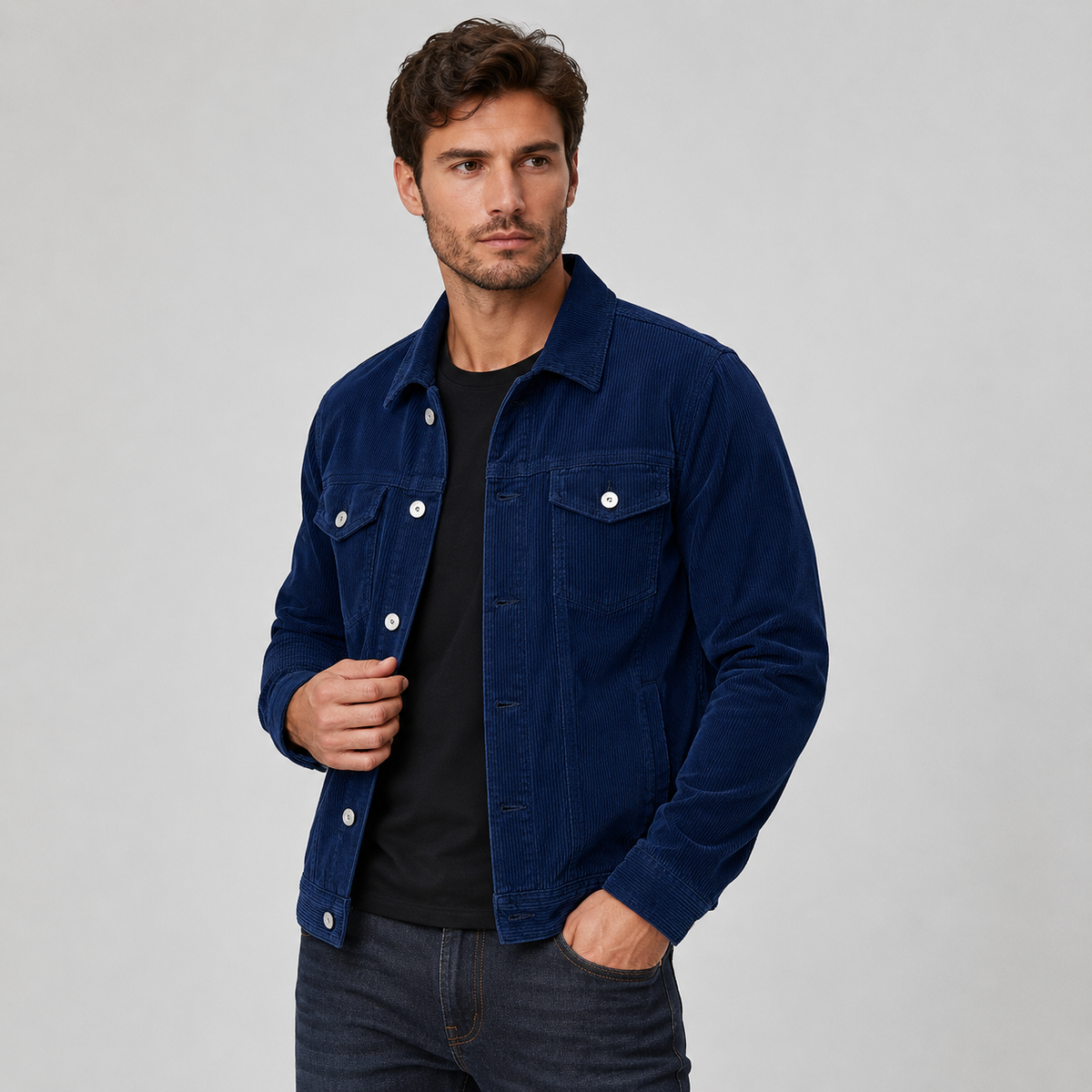 Corduroy button-up shirt jacket in navy blue