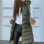 Long quilted hooded vest in olive green