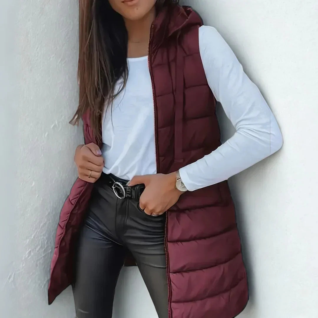 Long quilted hooded vest in chestnut brown