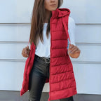Long quilted hooded vest in red
