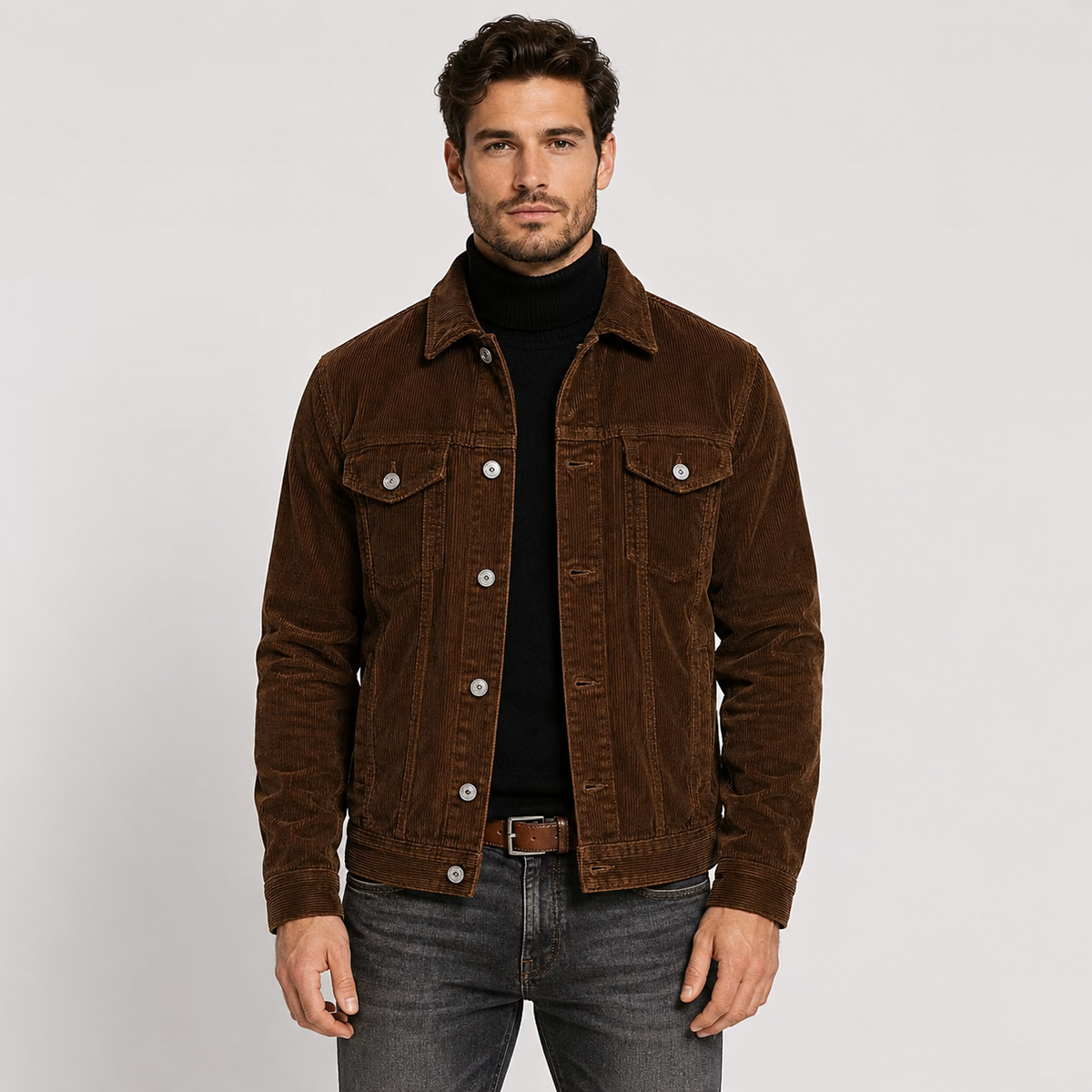 Corduroy button-up shirt jacket in coffee brown