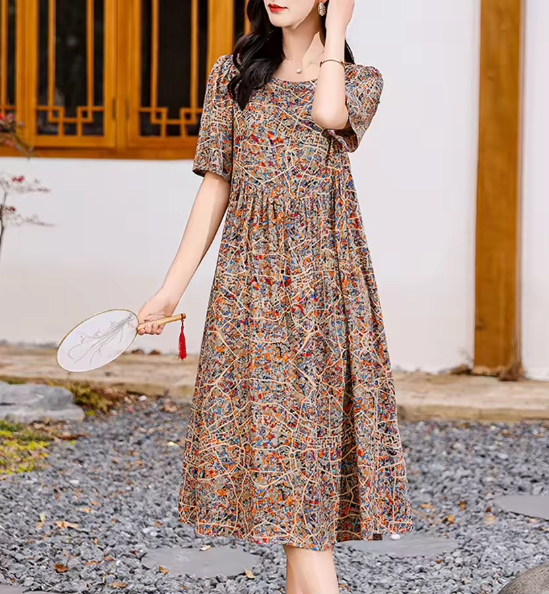 Floral Midi Dress Women Relaxed Fit