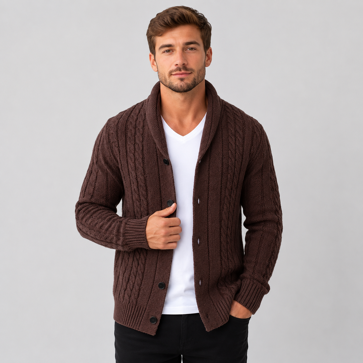 Cable knit button front cardigan sweater in coffee brown