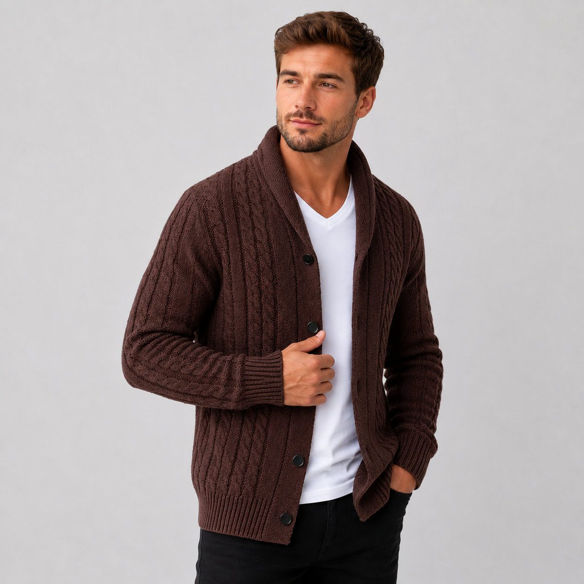 Cable knit button front cardigan sweater