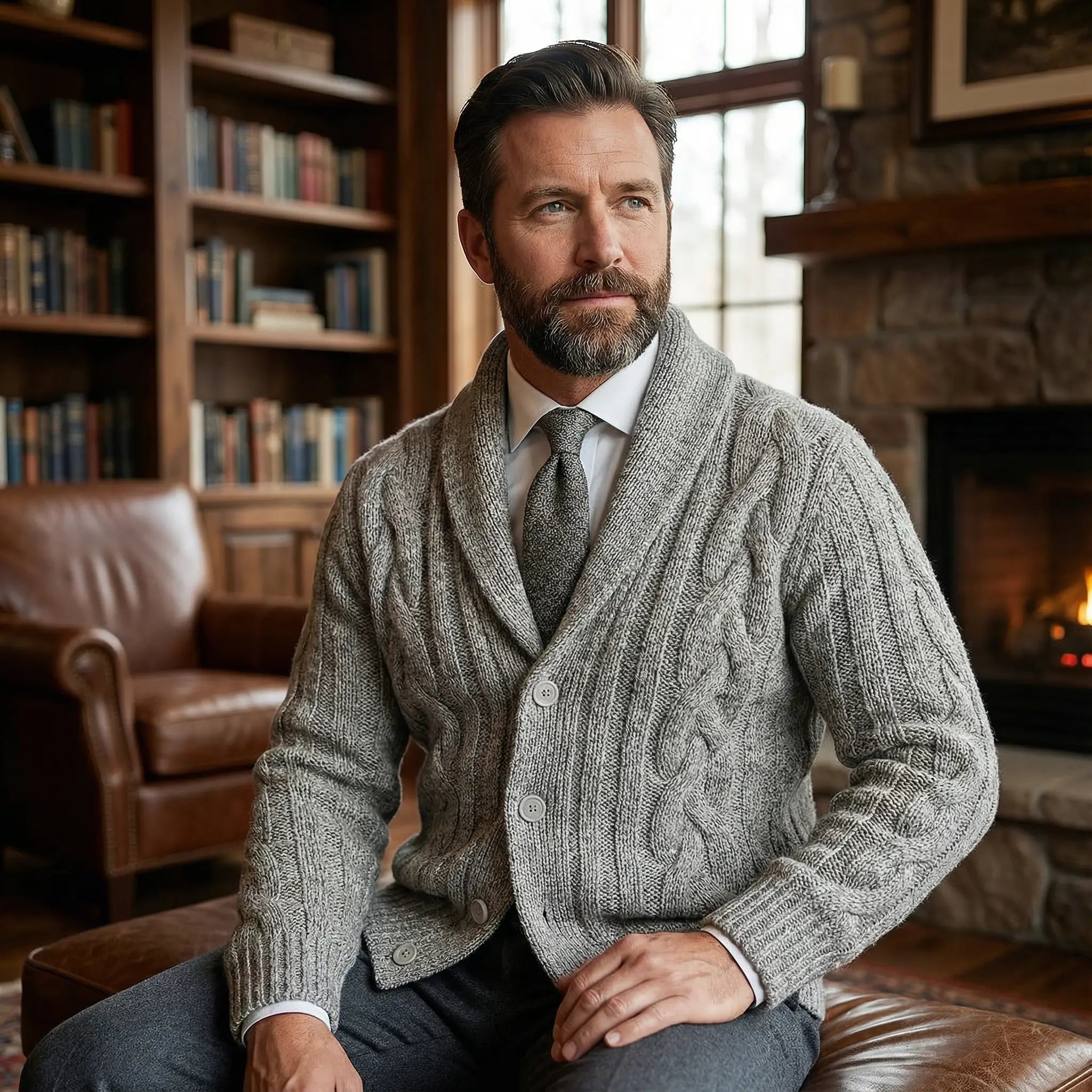 Cable Knit Shawl Cardigan for Men