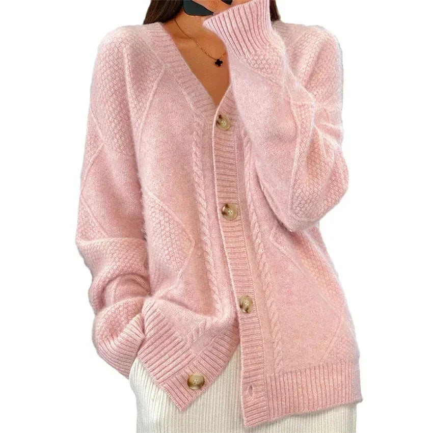 Women's casual diamond knit V neck button front cardigan