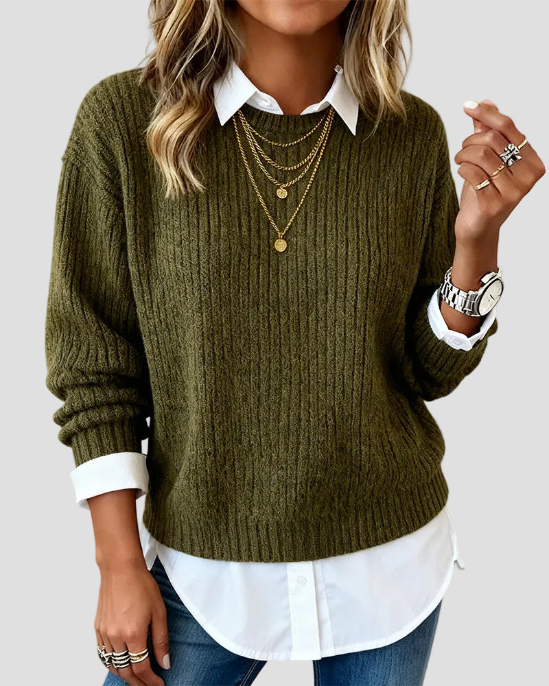 Casual Knit Sweater with Built-in Shirt Collar for Women
