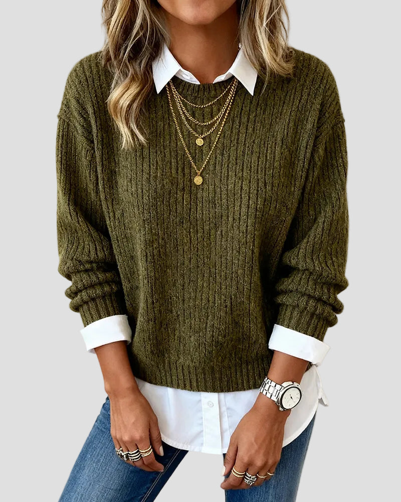 Casual Knit Sweater with Built-in Shirt Collar for Women