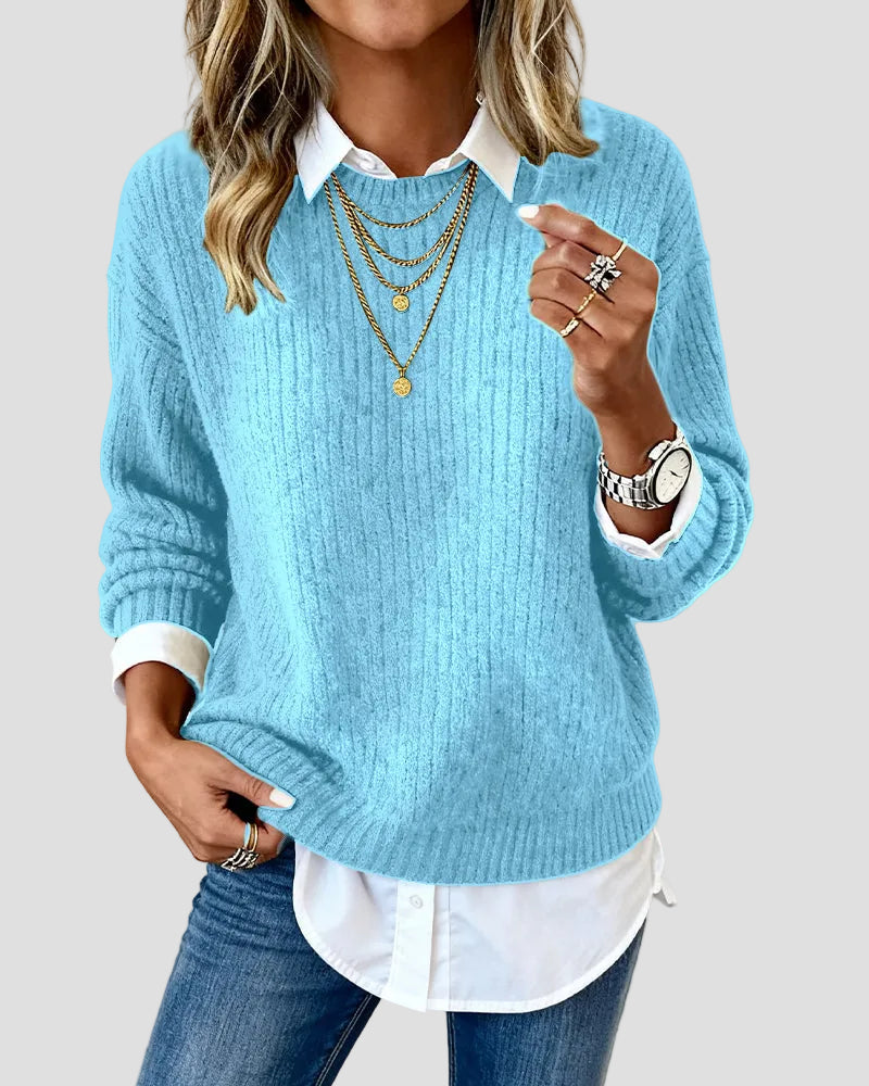 Casual Knit Sweater with Built-in Shirt Collar for Women