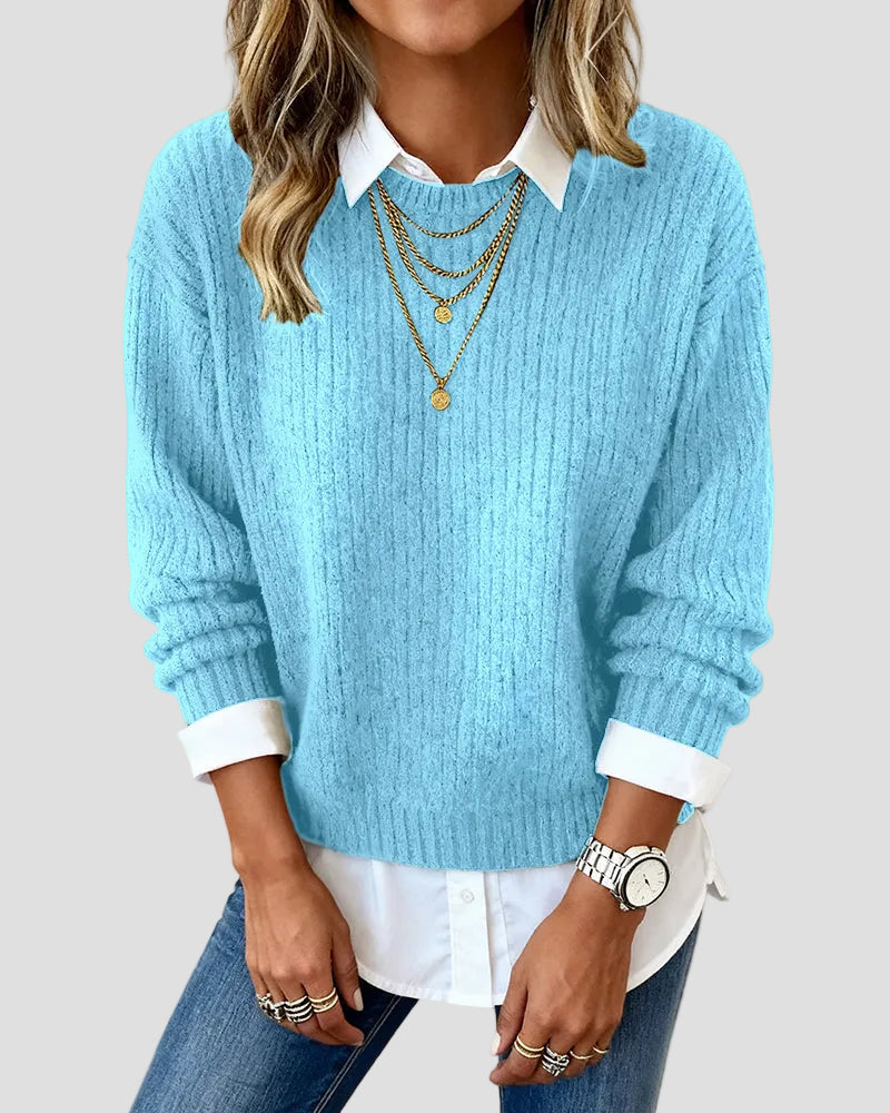 Casual Knit Sweater with Built-in Shirt Collar for Women