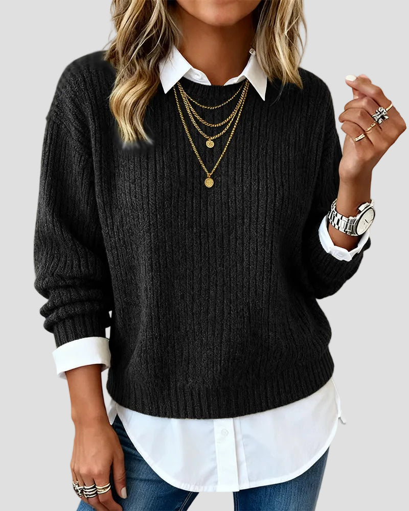 Casual Knit Sweater with Built-in Shirt Collar for Women