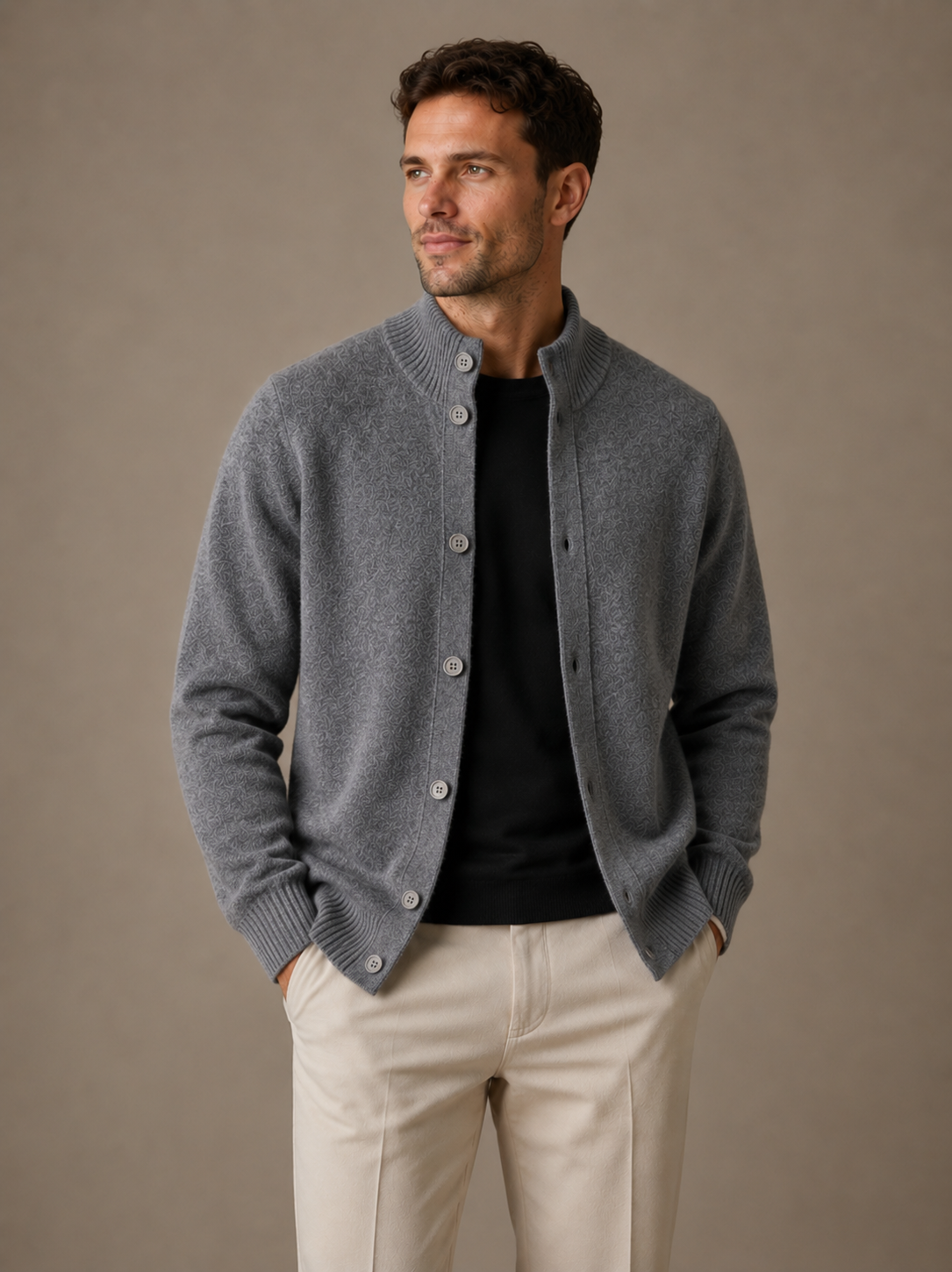 Cashmere cardigan sweater with ribbed cuffs in grey