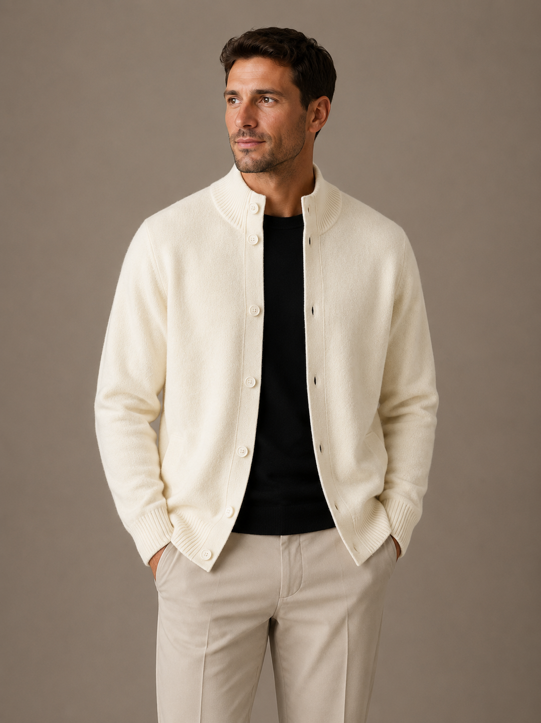 Cashmere cardigan sweater with ribbed cuffs in cream
