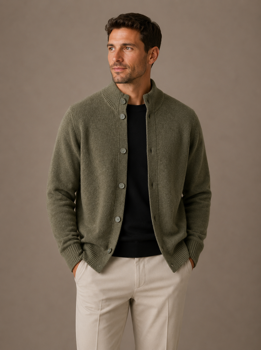 Cashmere cardigan sweater with ribbed cuffs in green