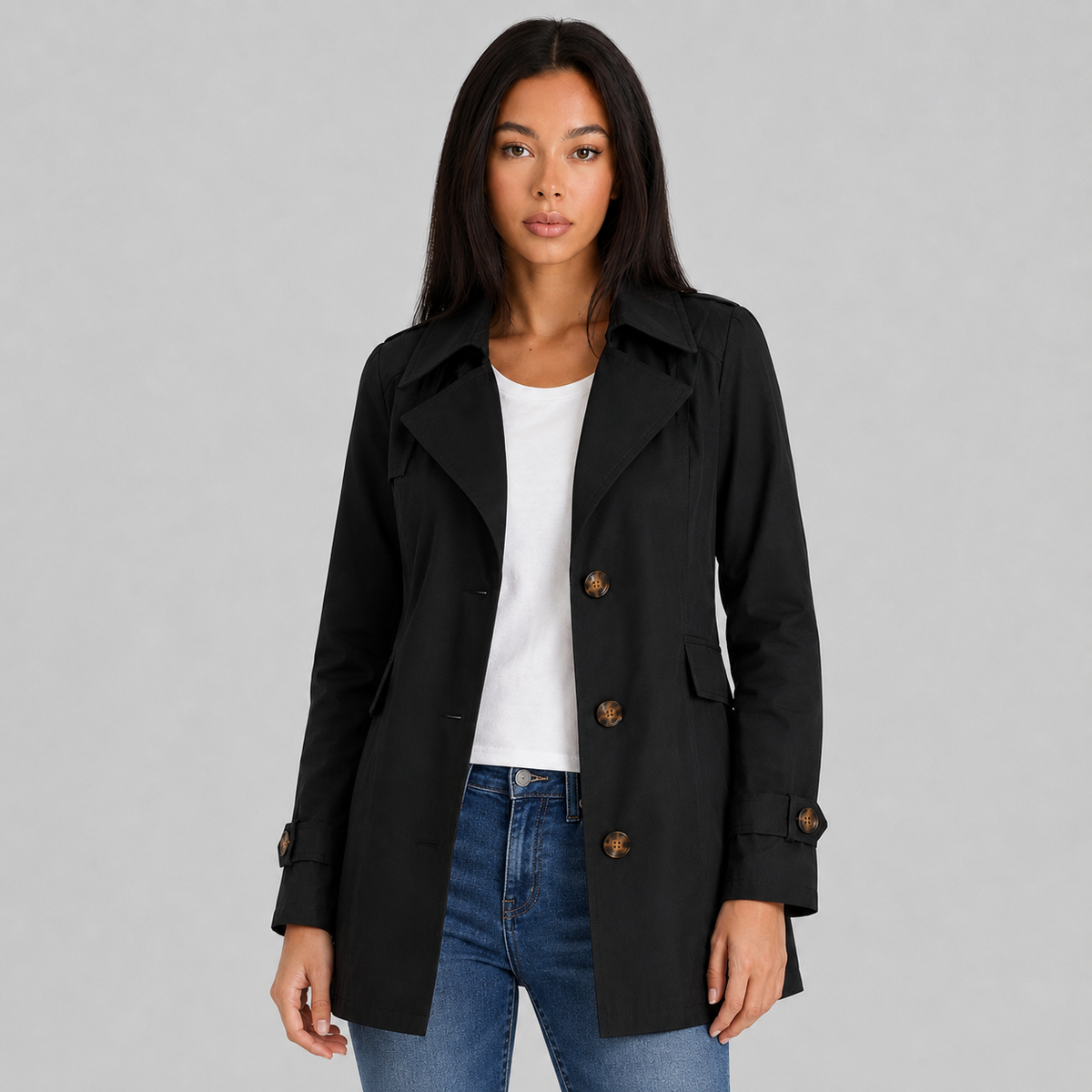 Women's single breasted mid length trench coat in black