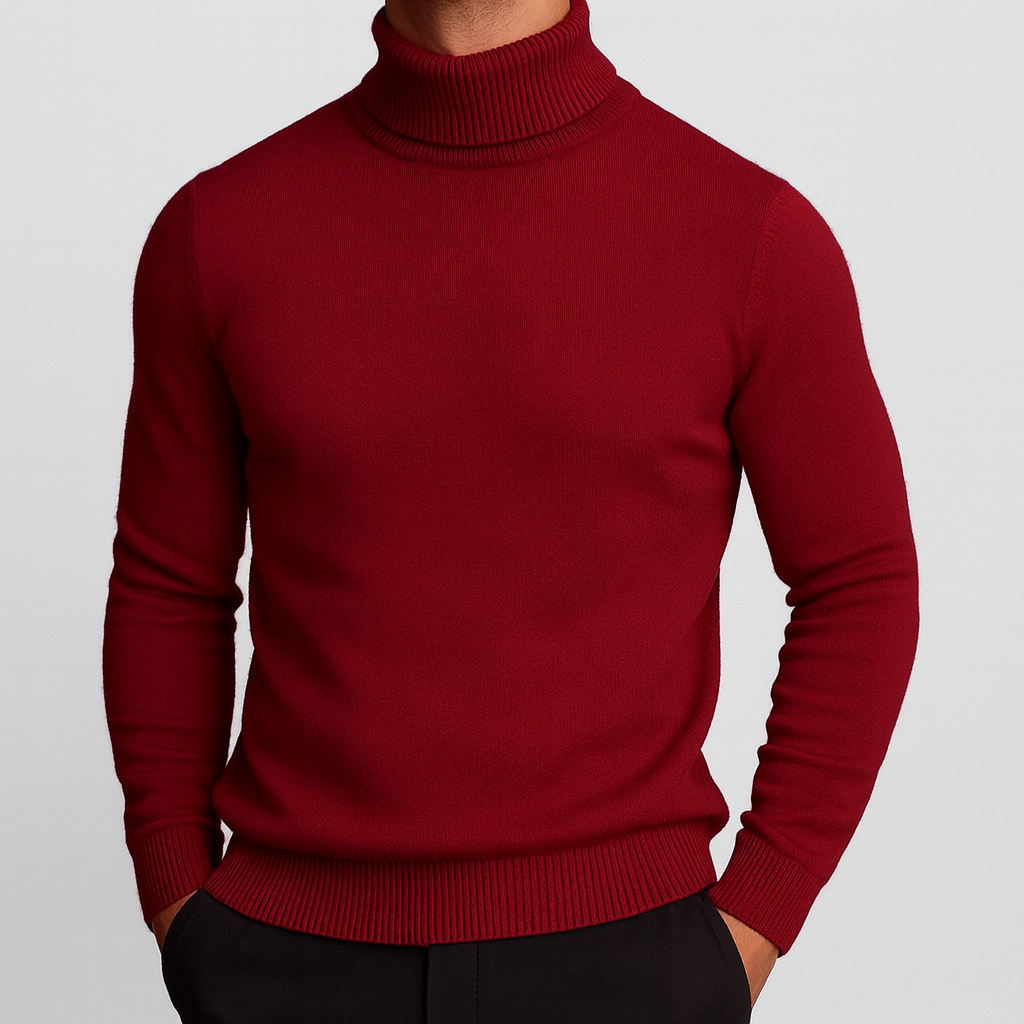 Merino wool turtleneck sweater with ribbed collar in red