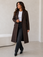 Women's double breasted belted longline coat in dark brown