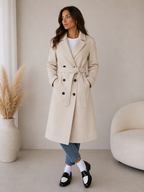 Women's double breasted belted longline coat in khaki