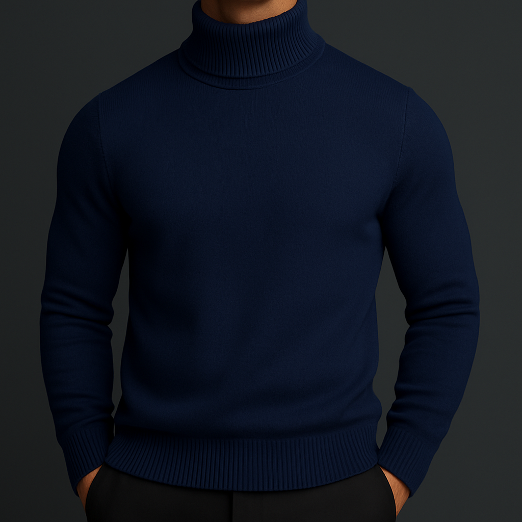 Merino wool turtleneck sweater with ribbed collar in blue