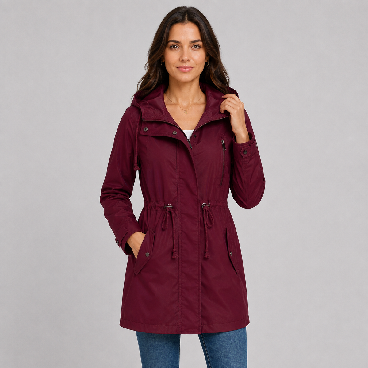 Lightweight hooded cotton blend windbreaker jacket in deep red