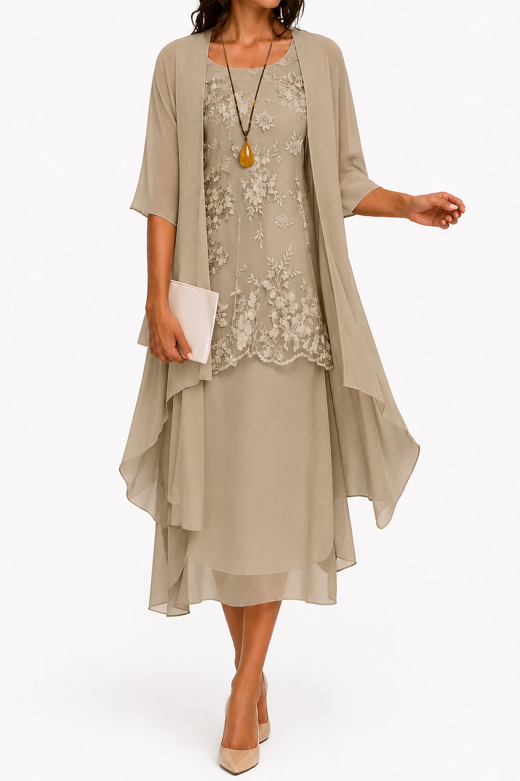 Floral embroidered midi wedding guest dress with sheer jacket in taupe