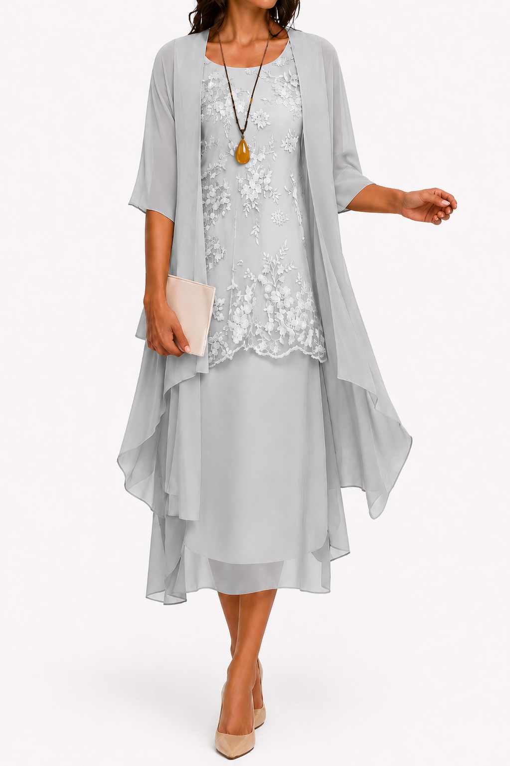 Floral embroidered midi wedding guest dress with sheer jacket in grey