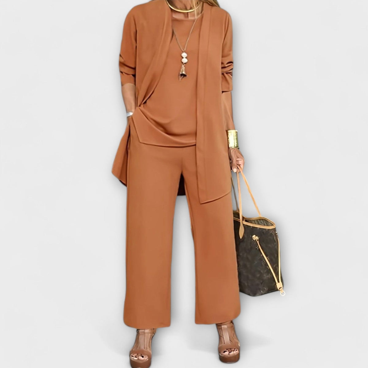 Three-piece top and wide-leg pants set