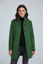 Women's tailored wool overcoat with stand collar in green