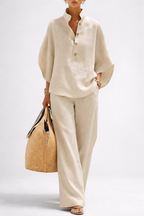 Women's Two-Piece Set Collared Blouse with Wide-Leg Trousers