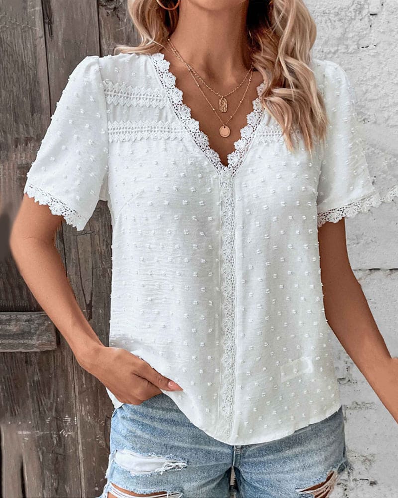 White Lace Trim V-Neck Blouse Women
