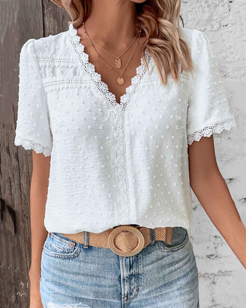 White Lace Trim V-Neck Blouse Women