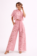 Floral lace women's set featuring a short sleeve blouse and wide leg pants, perfect for stylish summer outfits. 2