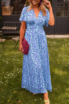 Floral print long summer dress featuring a defined waist design, perfect for warm weather outings and casual events. 6