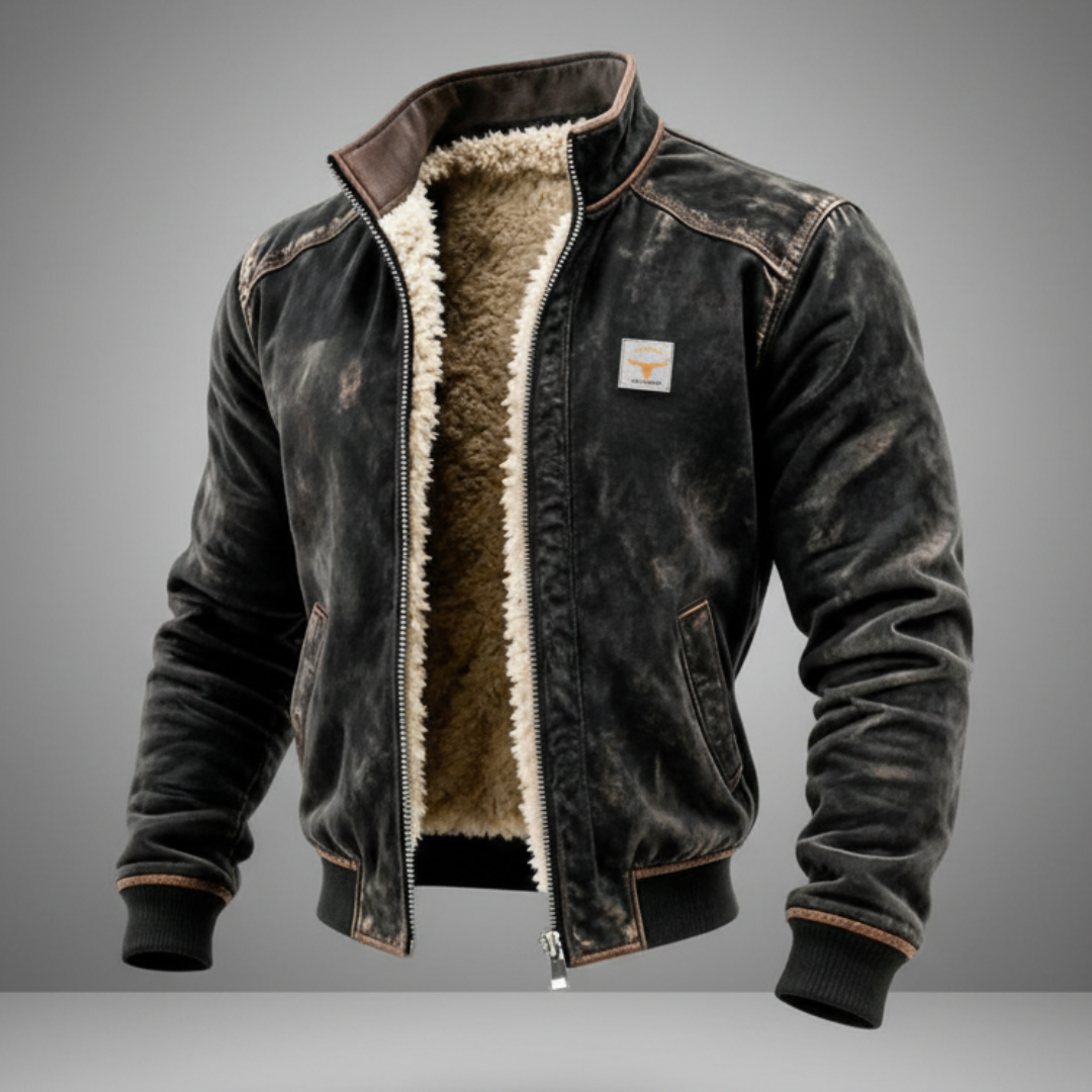 Men's warm vintage leather jacket with plush lining in black