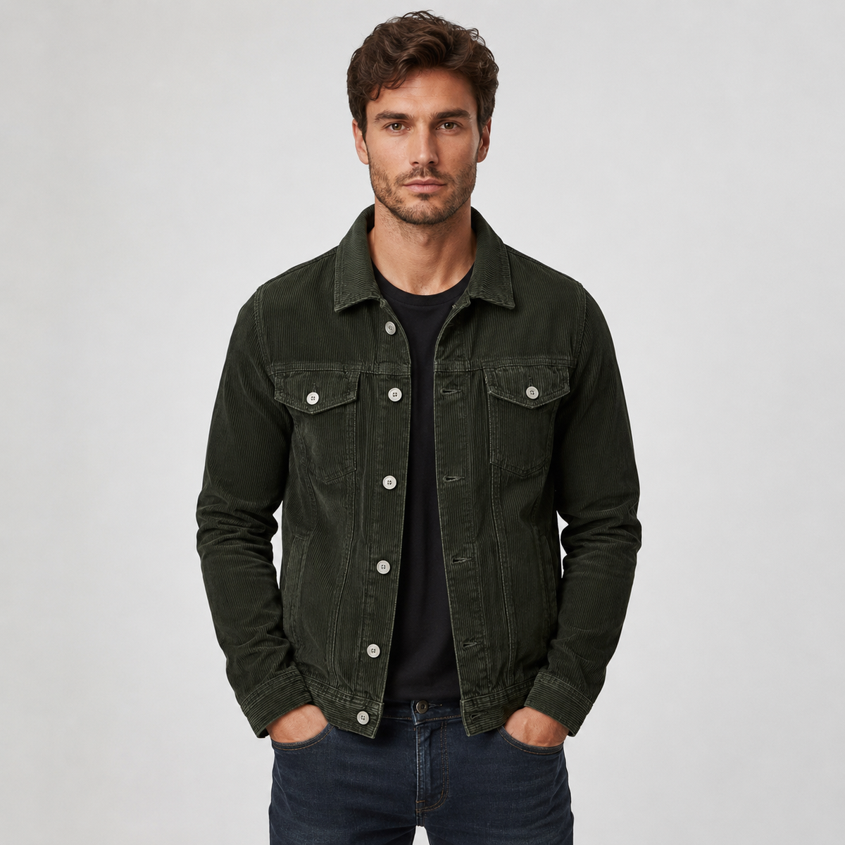 Corduroy button-up shirt jacket in army green