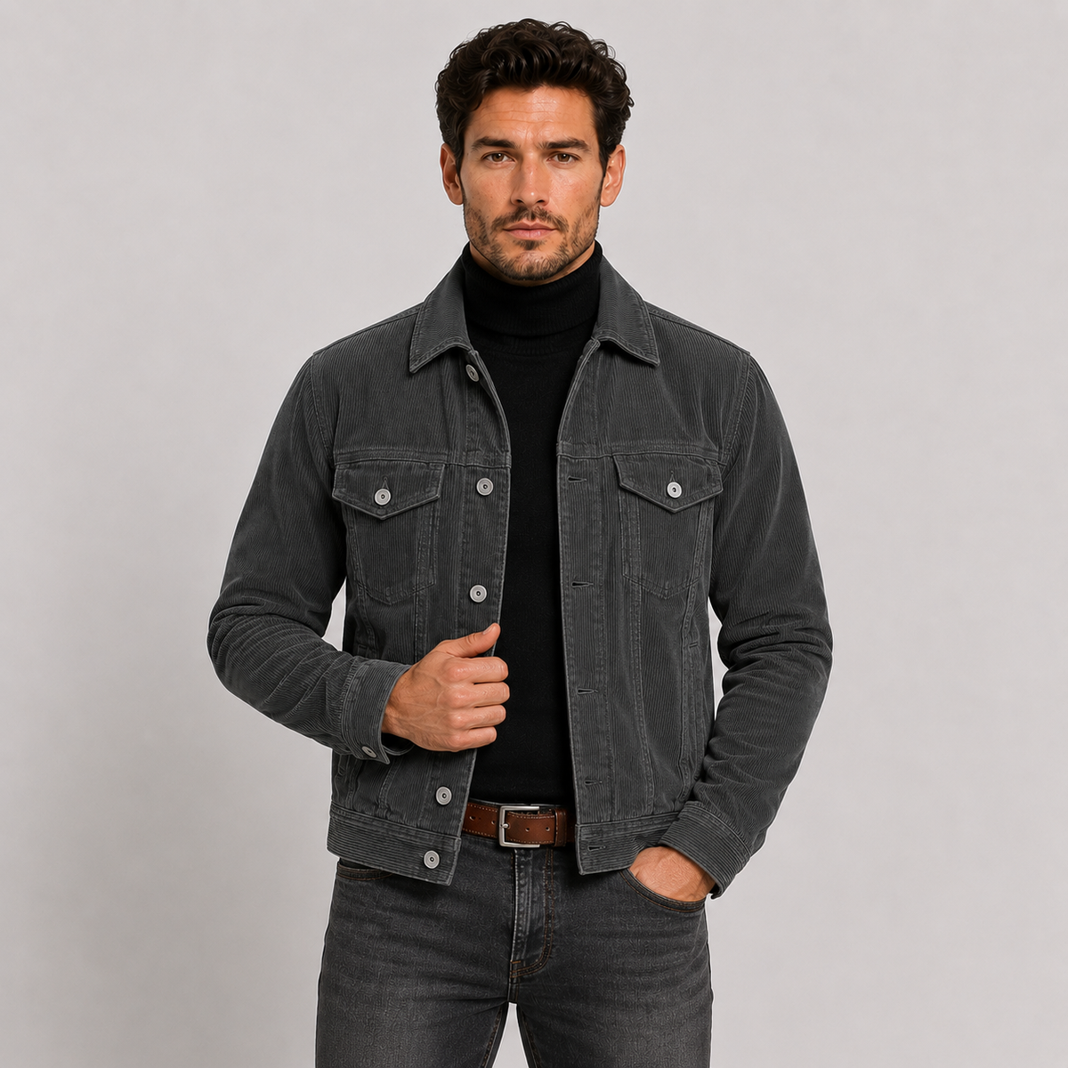 Corduroy button-up shirt jacket in grey