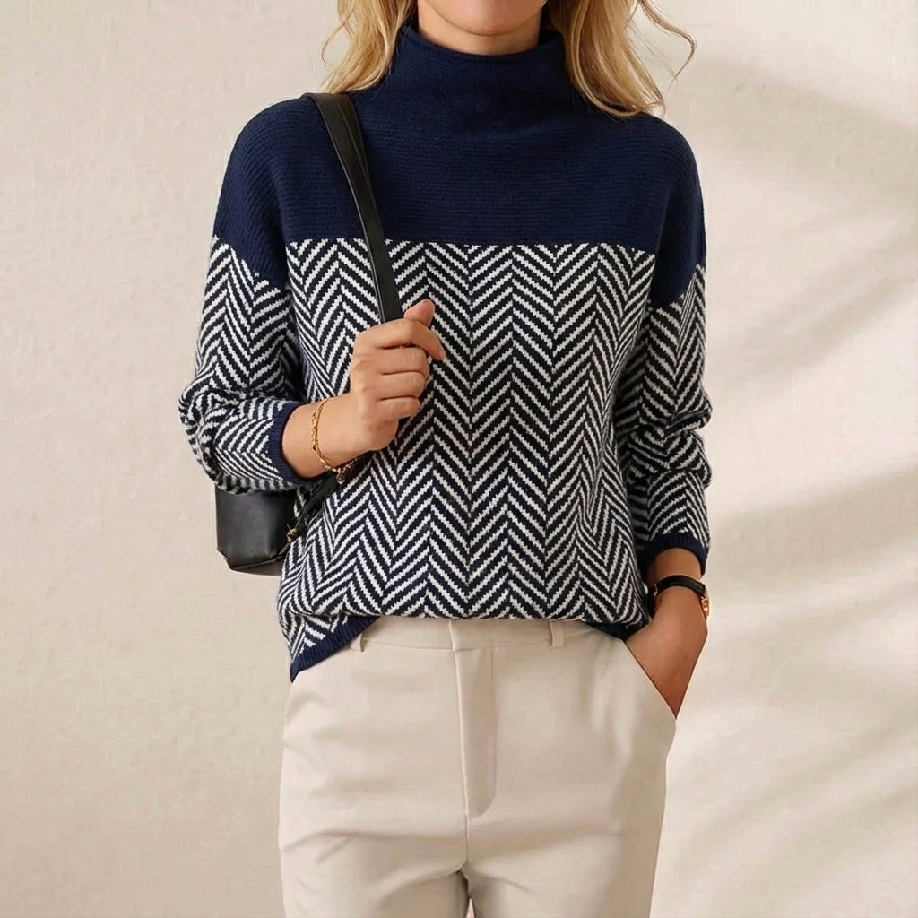 Zigzag pattern knit turtleneck sweater in blue
