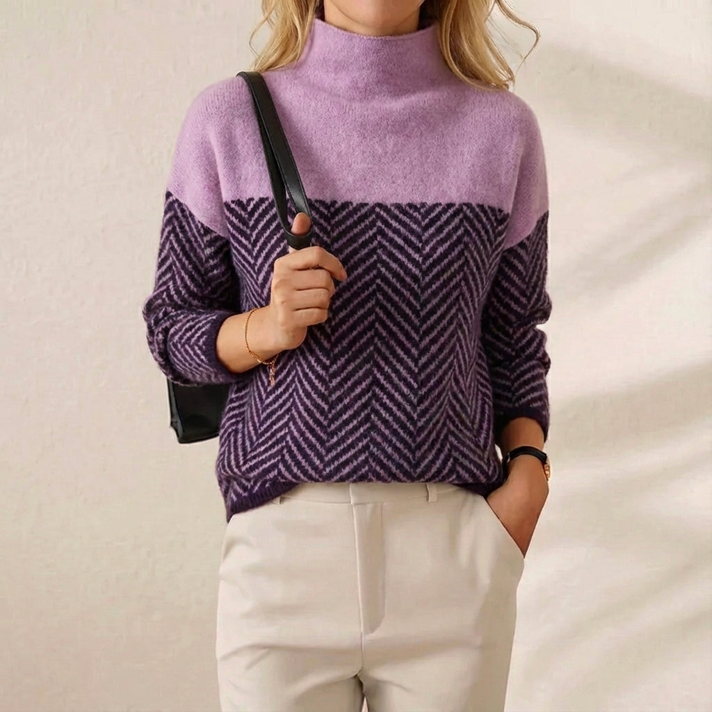 Zigzag pattern knit turtleneck sweater in purple