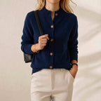 Collared button front knit cardigan in dark blue