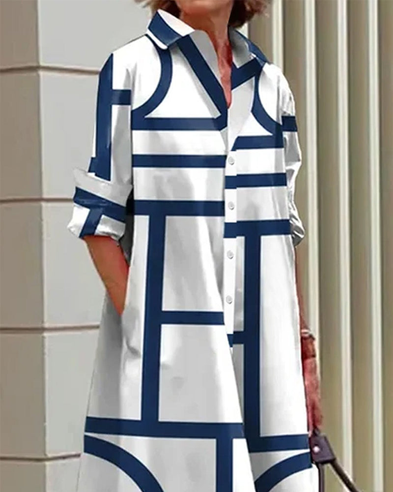 Geometric print dress with pockets made from a comfortable cotton-polyester blend, perfect for casual wear. 2