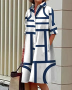 Geometric print dress with pockets made from a comfortable cotton-polyester blend, perfect for casual wear. 3