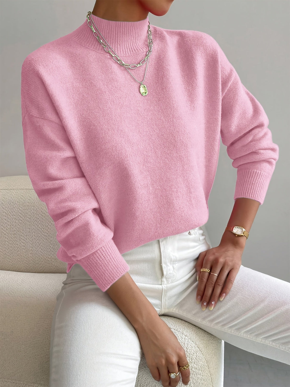 Women's warm soft knit turtleneck sweater in light pink