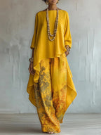 Two-piece printed tunic and wide-leg pants set in yellow