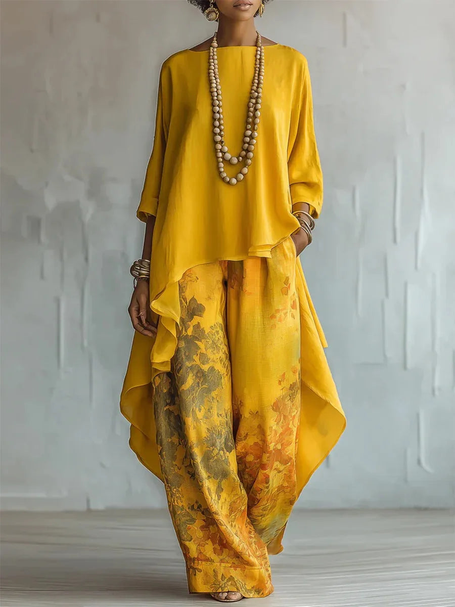 Two-piece printed tunic and wide-leg pants set in yellow